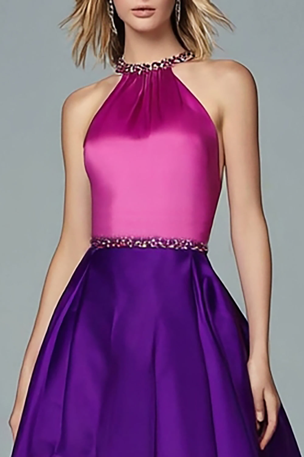 Glitzerndes Fuchsia und Lila Hoch Niedrig Neckholder Ballkleid mit Perlen