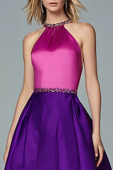 Glitzerndes Fuchsia und Lila Hoch Niedrig Neckholder Ballkleid mit Perlen