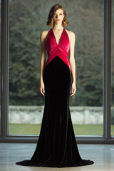 Schwarz Fuchsia Langes Meerjungfrauen Neckholder Ballkleid aus Samt