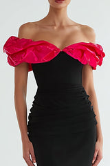 Schwarzes und fuchsia Meerjungfrauen Ballkleid mit Rüschen