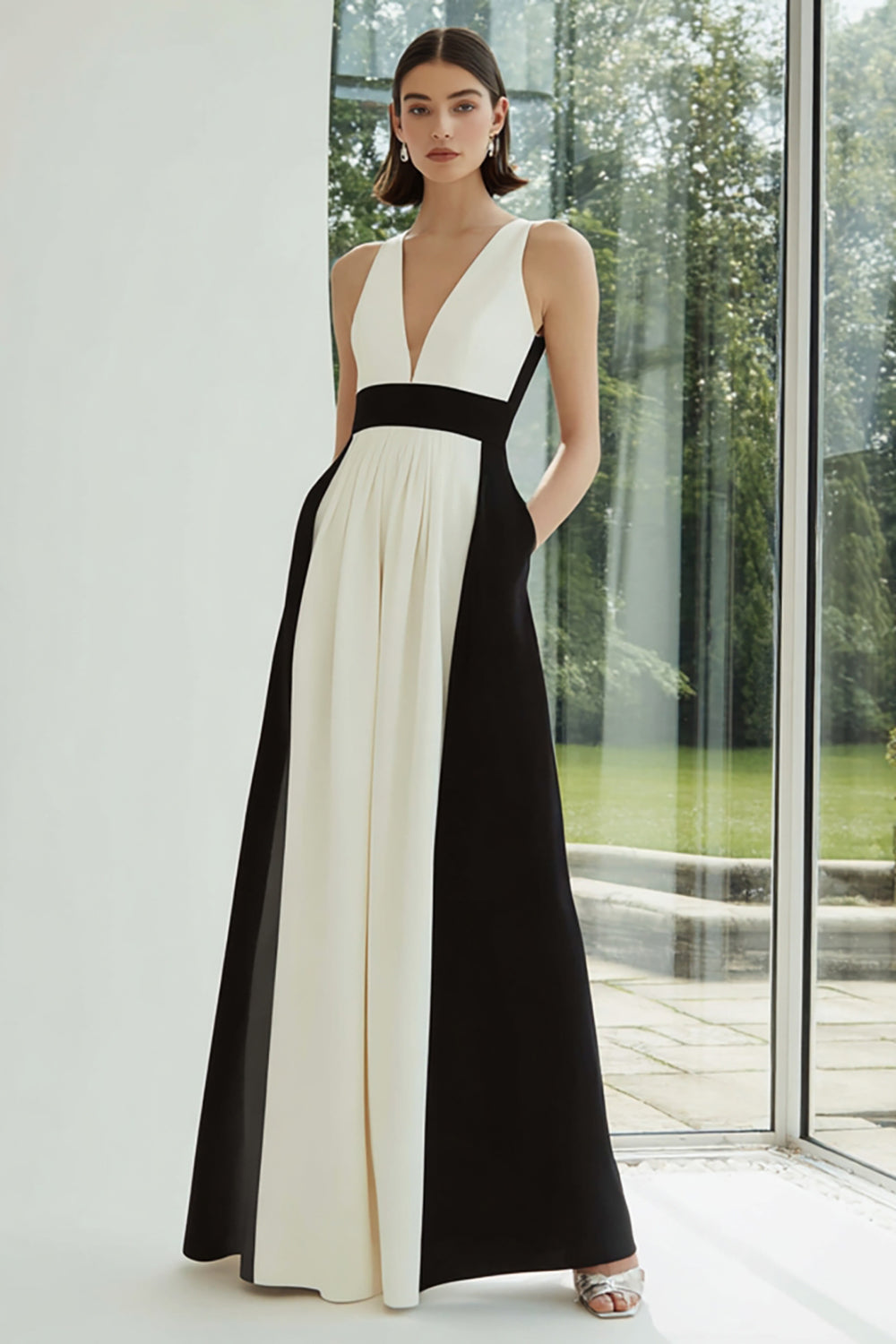 Schwarz-Weißes Langes A-Linie Ballkleid mit V-Ausschnitt und Taschen