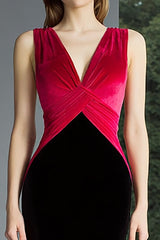 Schwarz Fuschia Langes Meerjungfrauen V-Ausschnitt Samt Ballkleid