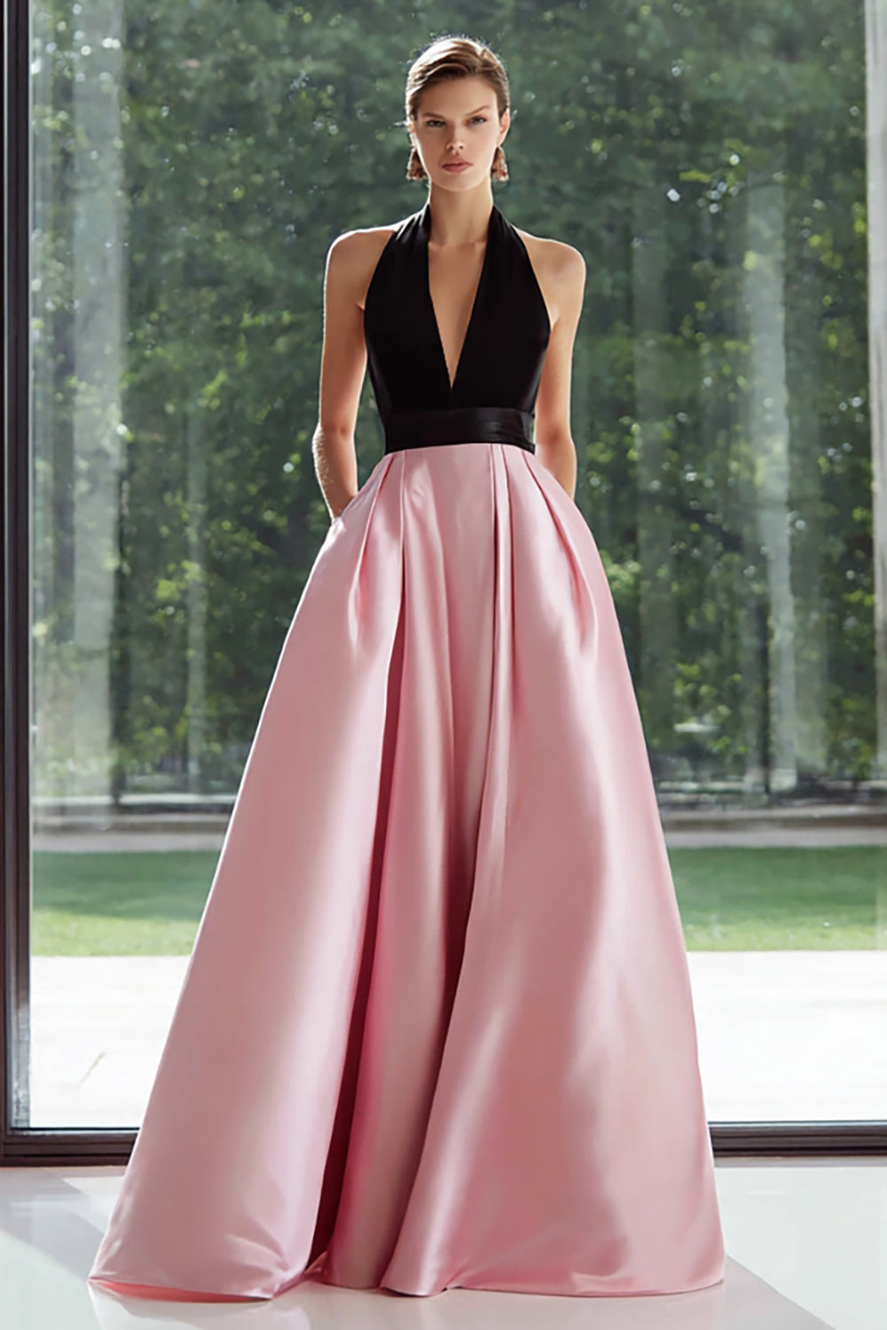 Schwarz Rosa Satin Neckholder A-Linie Ballkleid mit Taschen