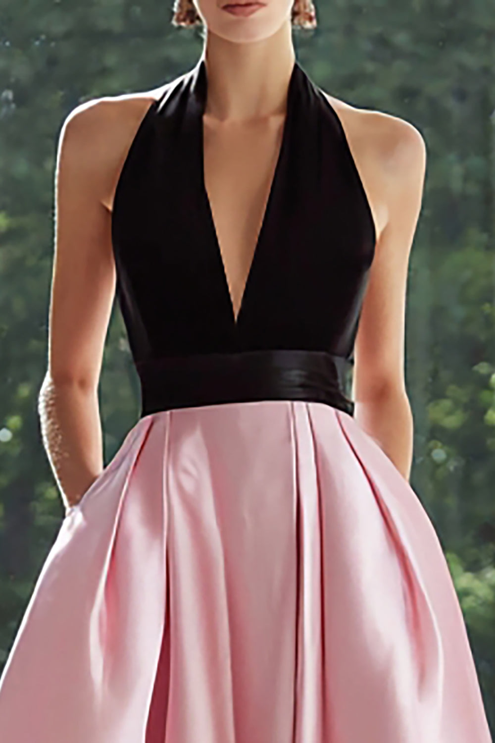 Schwarz Rosa Satin Neckholder A-Linie Ballkleid mit Taschen