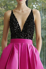 Glitzerndes Schwarz Fuchsia A-Linie Satin Ballkleid mit tiefem V-Ausschnitt und Taschen