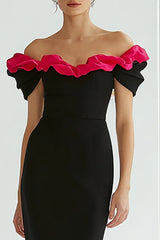 Schulterfreies Meerjungfrauen Ballkleid in Schwarz und Fuchsia mit Rüschen