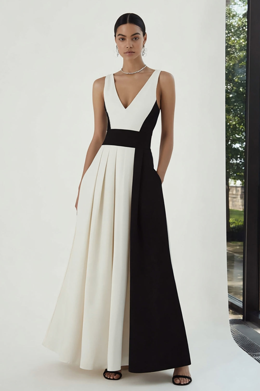Schwarz-weißes Langes A-Linie Patchwork Abendkleid mit V-Ausschnitt und Taschen