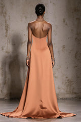 Glitzerndes Orange Neckholder Satin Meerjungfrauen Ballkleid mit Perlenstickerei