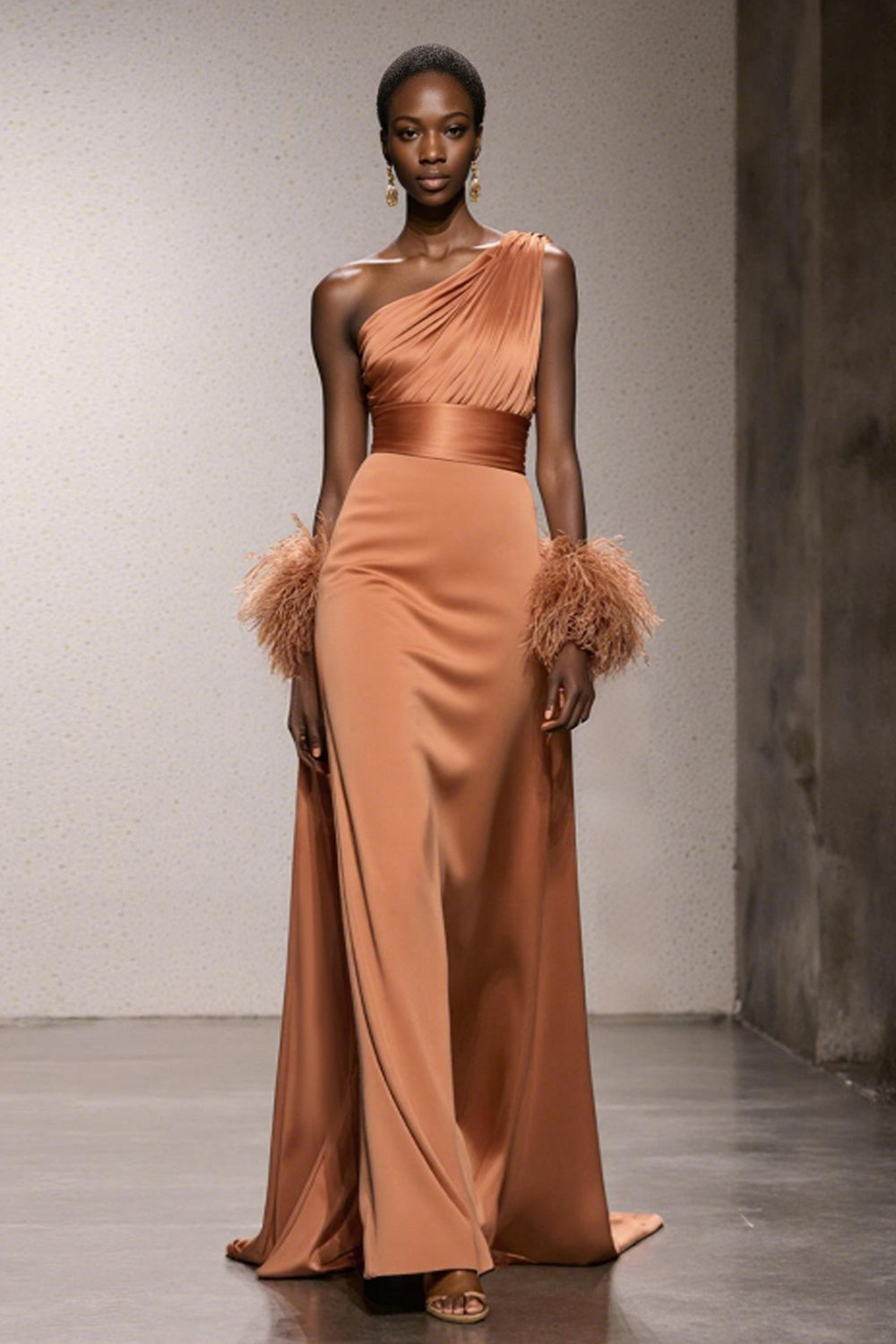 Orange Eine Schulter Satin Meerjungfrauen Ballkleid mit Federn