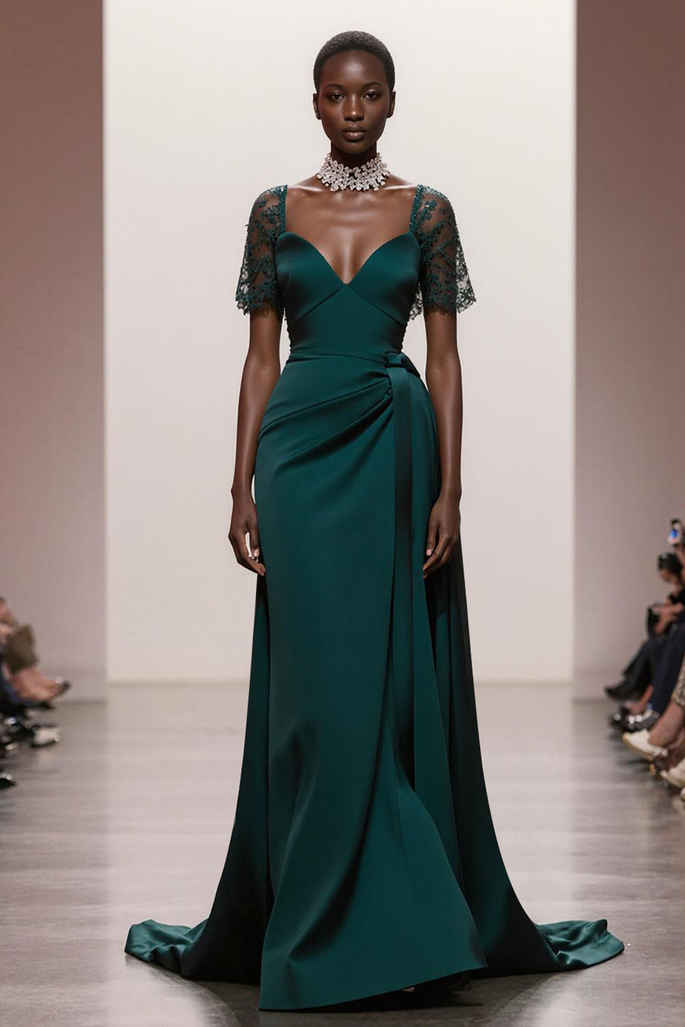 A-Linie Dunkelgrünes Kurzarm Abendkleid