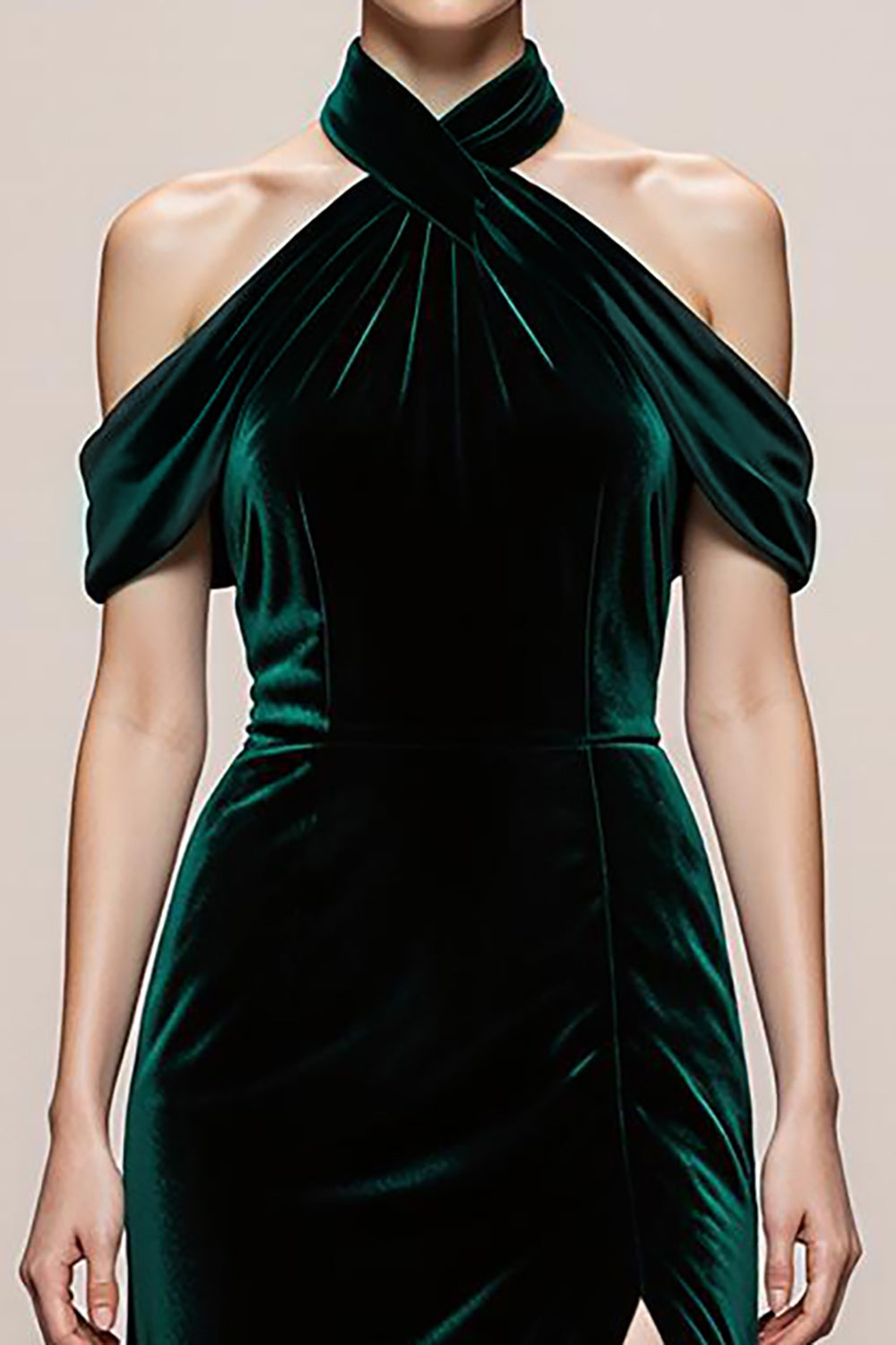 Dunkelgrünes Langes Samt Abendkleid in A-Linie mit Neckholder und Schlitz