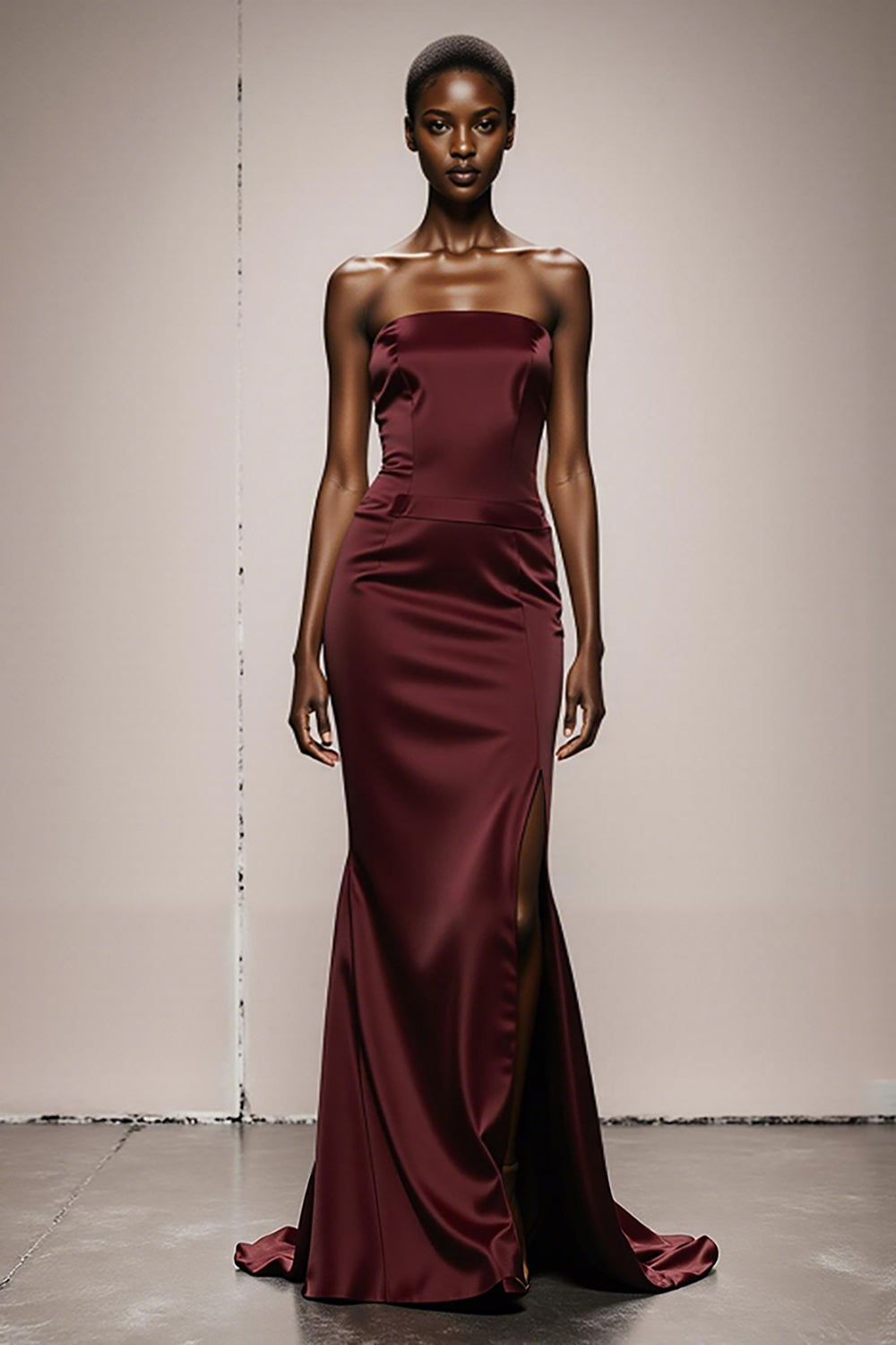 Meerjungfrau Burgunderrotes Trägerloses Satin Abendkleid mit Schlitz