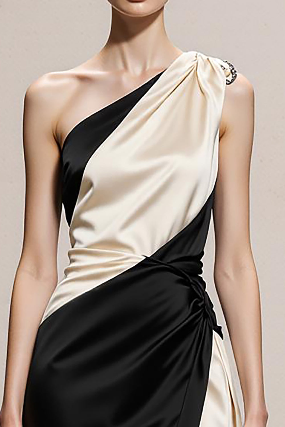 Schwarz-weißes A-Linie Eine Schulter Abendkleid aus Satin