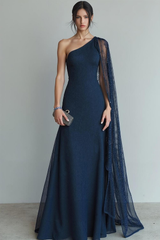 Marineblaues Etui Langes Ballkleid mit einer Schulter