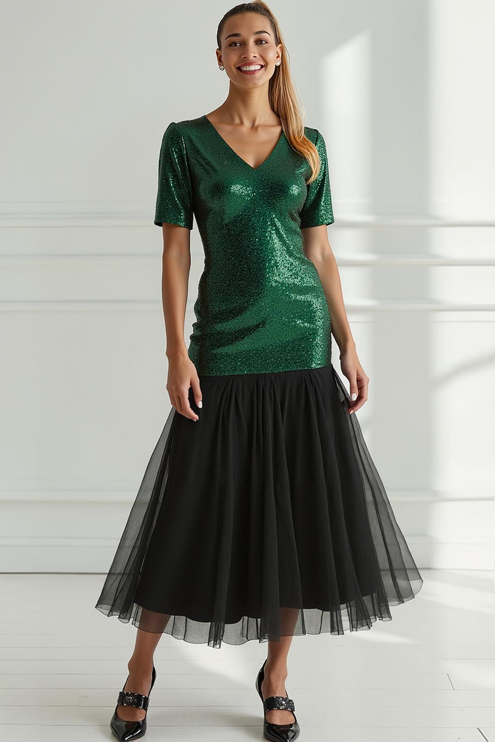 Glitzerndes Dunkelgrünes Ballkleid aus Tüll mit V-Ausschnitt und Pailletten