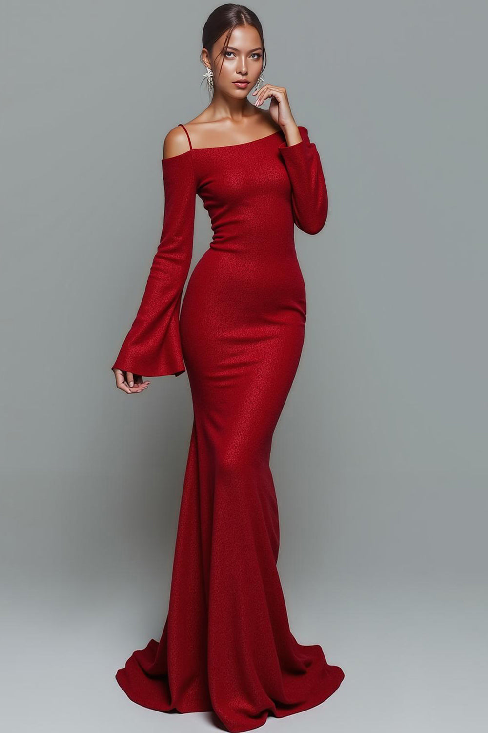 Rotes Kaltes Schulter Meerjungfrauen Langes Ballkleid mit Ärmeln