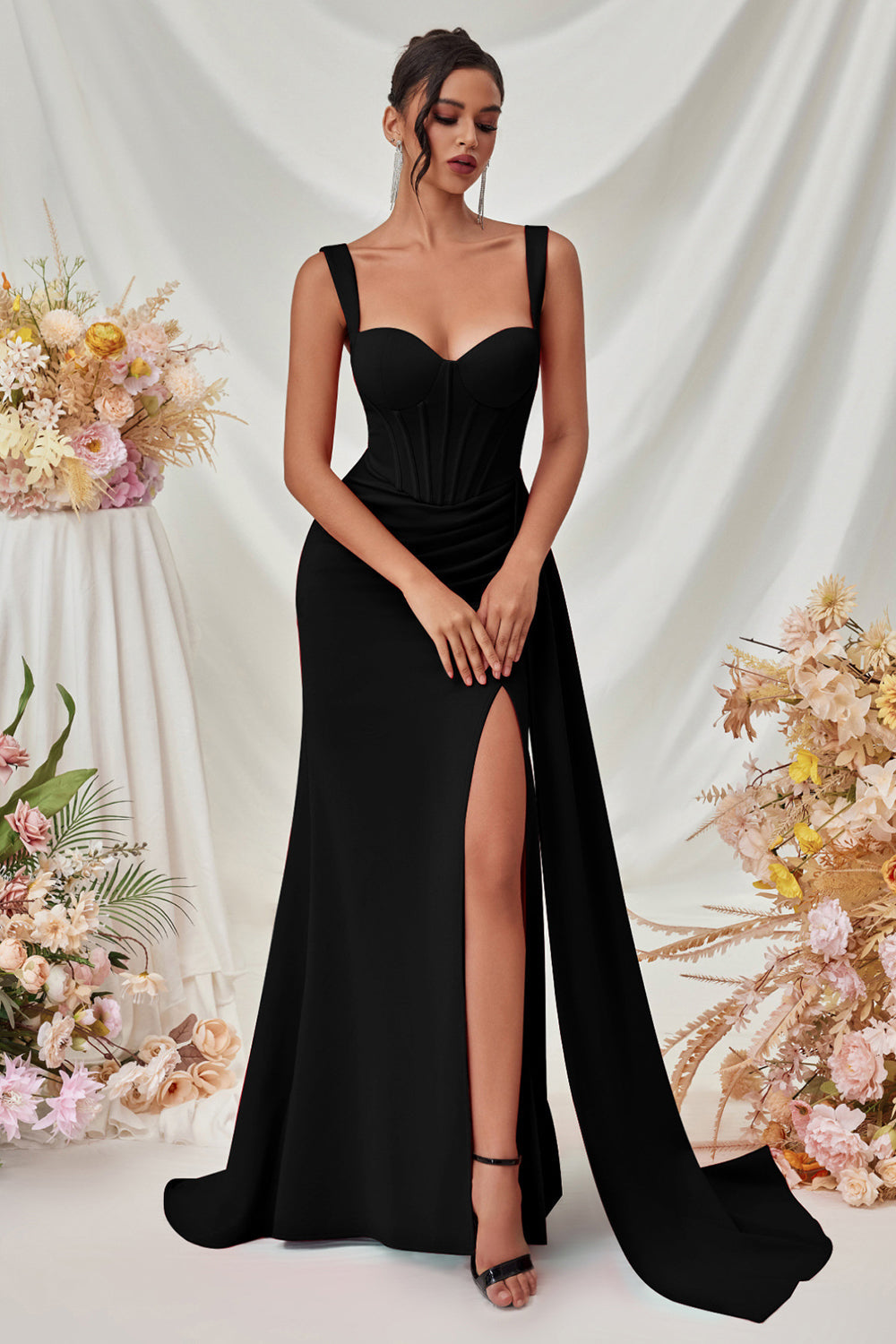 Maxi Träger Meerjungfrau Schwarzes Ballkleid mit Schlitz