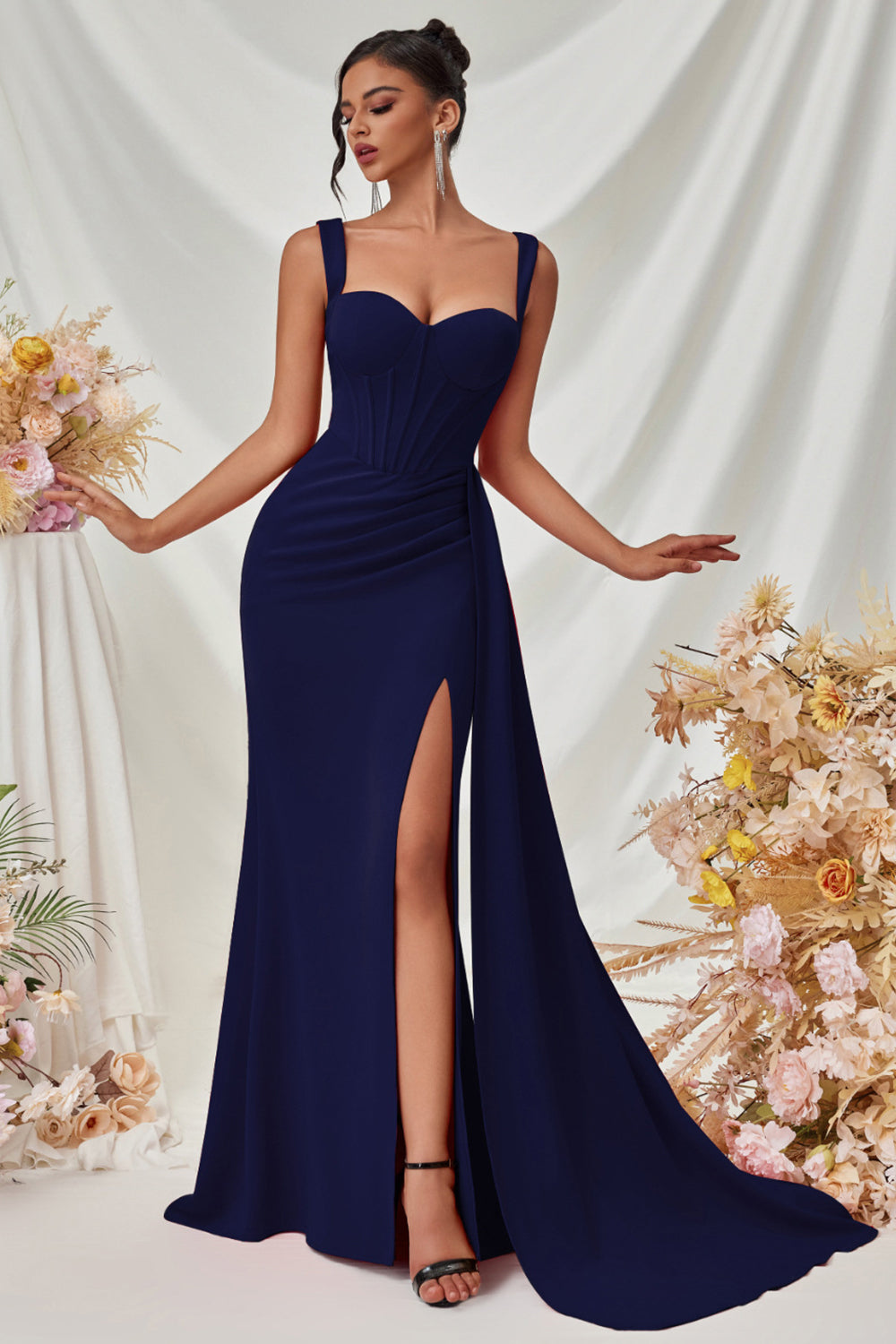 Maxi Träger Meerjungfrau Schwarzes Ballkleid mit Schlitz
