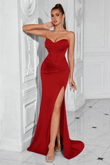 Rotes Korsett Satin Meerjungfrau Langes Ballkleid mit Schlitz