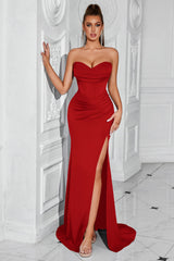 Rotes Korsett Satin Meerjungfrau Langes Ballkleid mit Schlitz