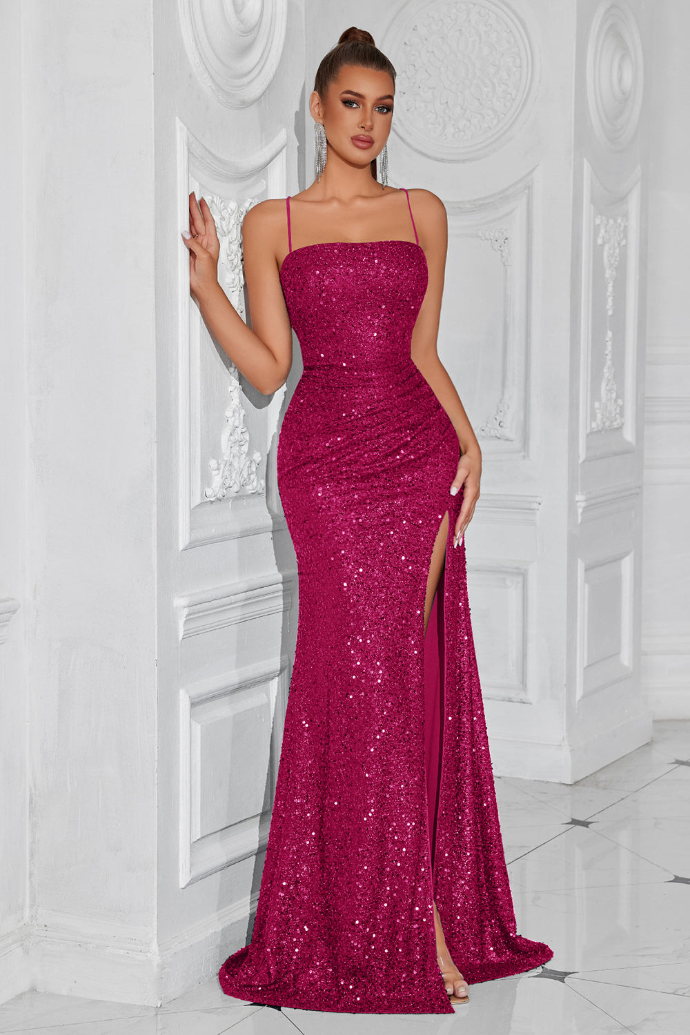 Glitzerndes Goldenes Pailletten Meerjungfrauen Langes Ballkleid mit Schlitz