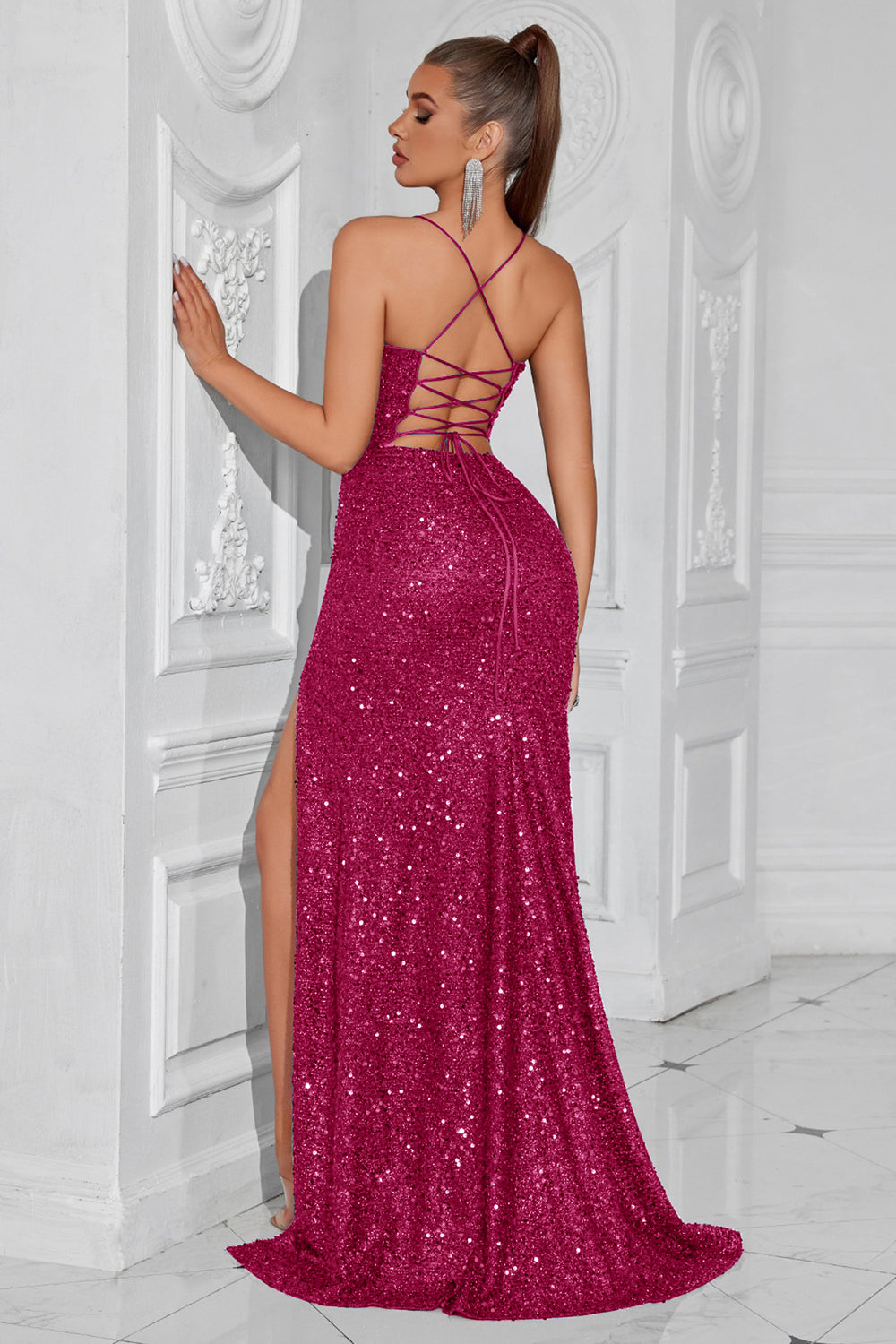 Glitzerndes Goldenes Pailletten Meerjungfrauen Langes Ballkleid mit Schlitz
