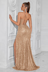 Glitzerndes Goldenes Pailletten Meerjungfrauen Langes Ballkleid mit Schlitz