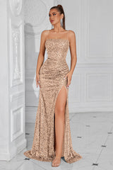Glitzerndes Goldenes Pailletten Meerjungfrauen Langes Ballkleid mit Schlitz
