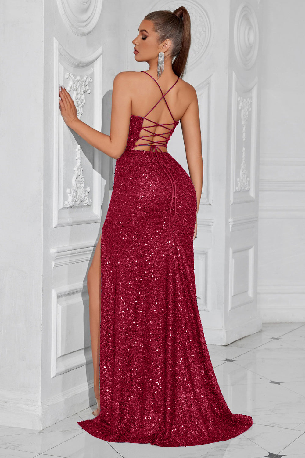 Glitzerndes Goldenes Pailletten Meerjungfrauen Langes Ballkleid mit Schlitz