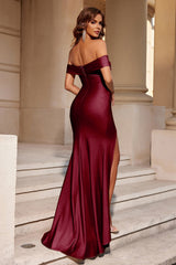 Burgunder Satin Meerjungfrauen Schulterfreies Langes Ballkleid mit Schlitz