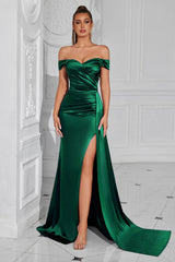 Mermaid Schulterfreies Dunkelgrünes Ballkleid mit Rüschen und Schlitz