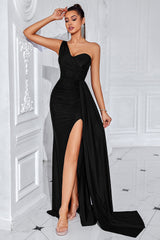 Meerjungfrau Schwarzes Eine Schulter Sweep Schleppe Ballkleid mit Schlitz