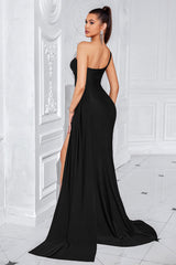 Meerjungfrau Schwarzes Eine Schulter Sweep Schleppe Ballkleid mit Schlitz