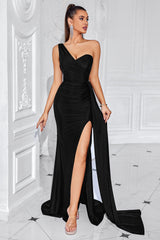 Meerjungfrau Schwarzes Eine Schulter Sweep Schleppe Ballkleid mit Schlitz