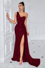 Meerjungfrau Schwarzes Eine Schulter Sweep Schleppe Ballkleid mit Schlitz