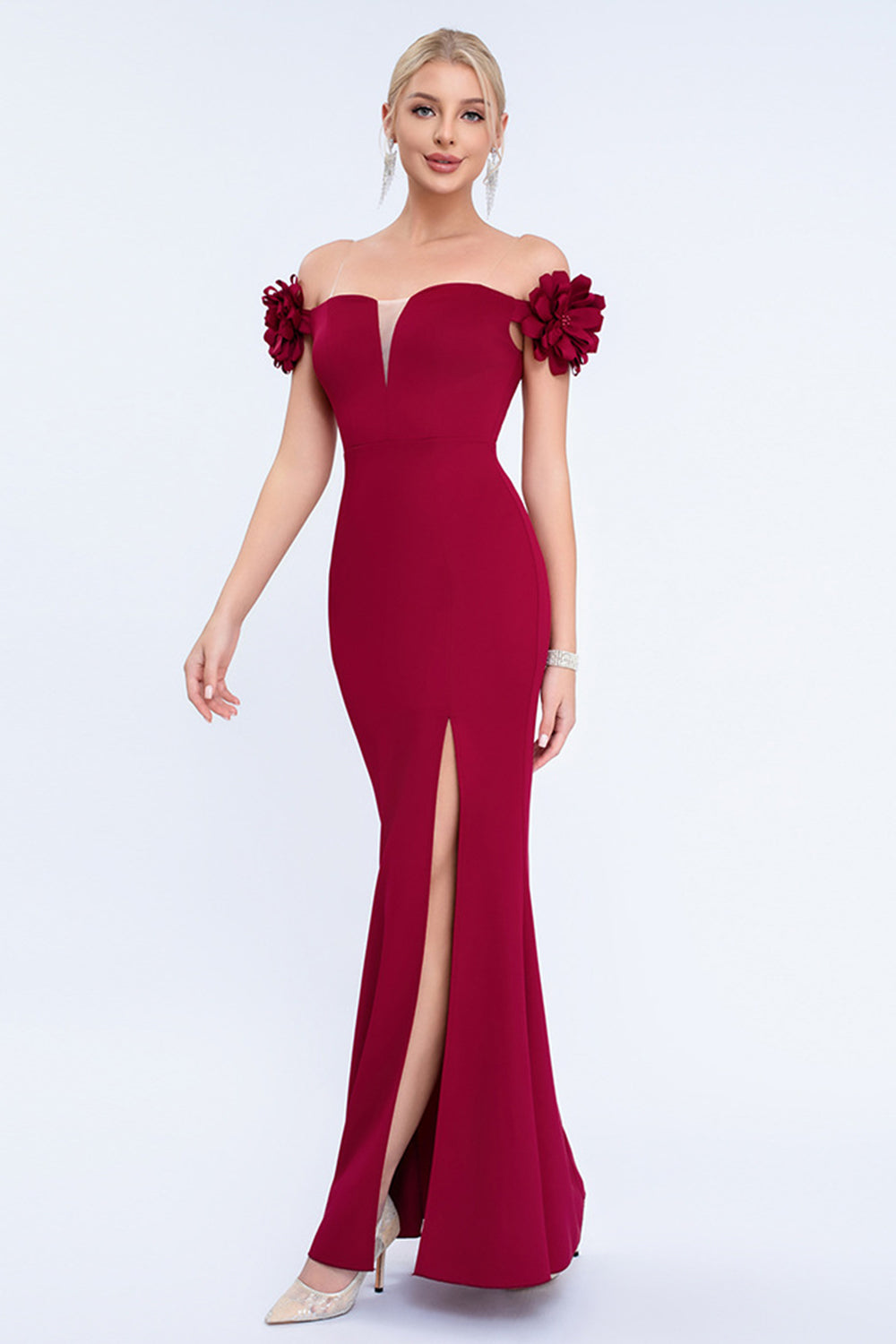 Blush Schulterfreies 3D Blumen Etui Ballkleid mit Schlitz