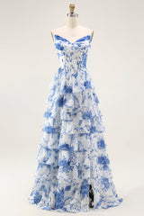 Blau Weiß Blumen Langes A-Linie Gestuftes Korsett Ballkleid mit Schlitz