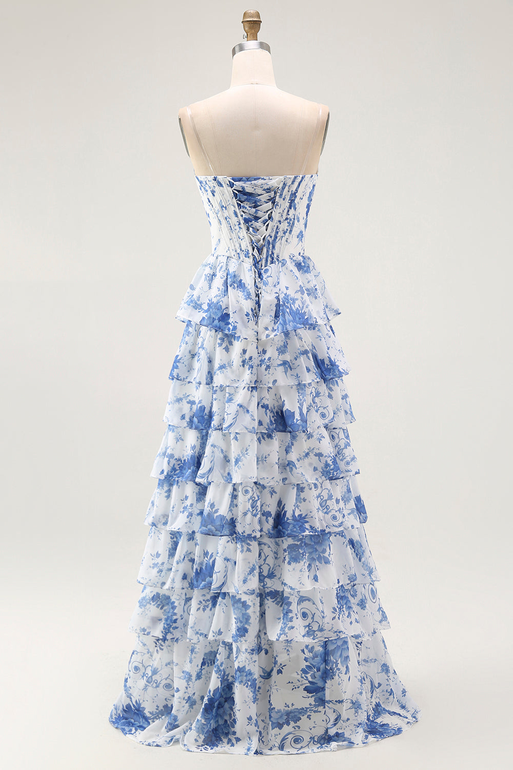 Blau Weiß Blumen Langes A-Linie Gestuftes Korsett Ballkleid mit Schlitz
