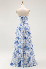 Blau Weiß Blumen Langes A-Linie Gestuftes Korsett Ballkleid mit Schlitz