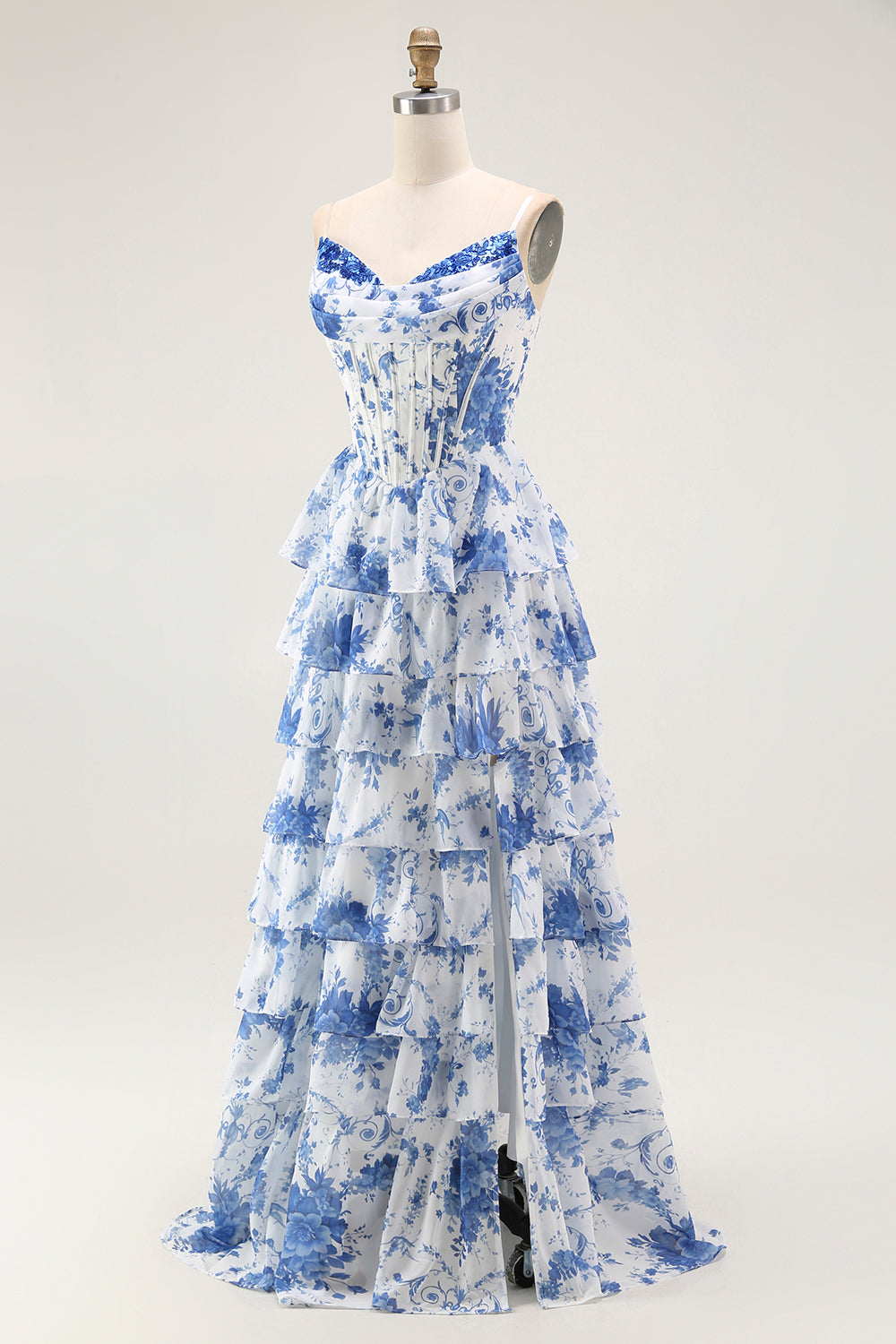 Blau Weiß Blumen Langes A-Linie Gestuftes Korsett Ballkleid mit Schlitz