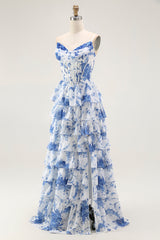 Blau Weiß Blumen Langes A-Linie Gestuftes Korsett Ballkleid mit Schlitz