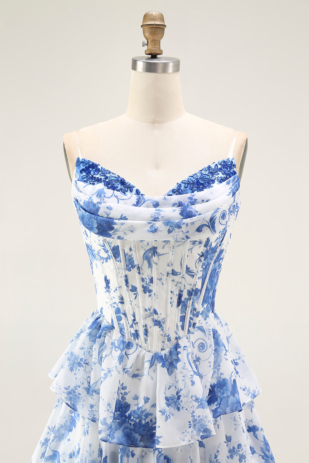 Blau Weiß Blumen Langes A-Linie Gestuftes Korsett Ballkleid mit Schlitz