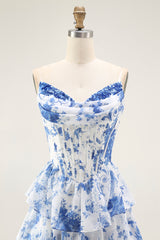 Blau Weiß Blumen Langes A-Linie Gestuftes Korsett Ballkleid mit Schlitz