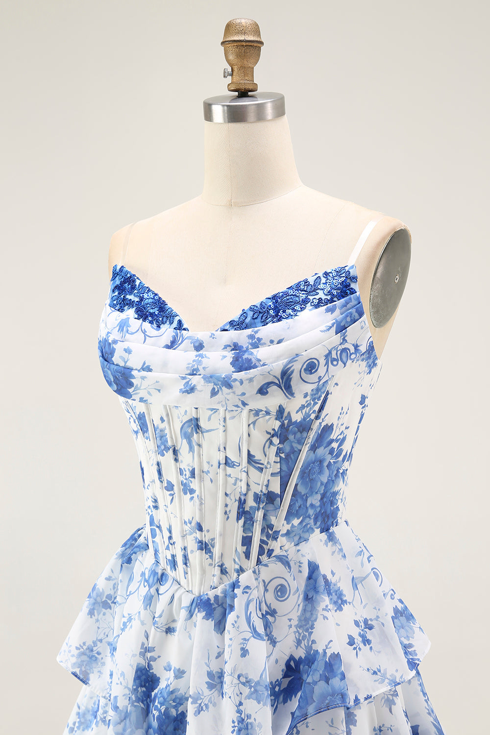 Blau Weiß Blumen Langes A-Linie Gestuftes Korsett Ballkleid mit Schlitz