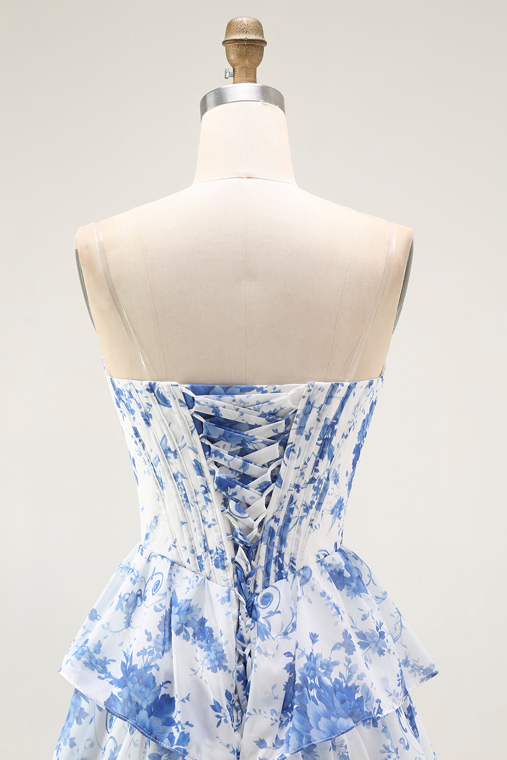 Blau Weiß Blumen Langes A-Linie Gestuftes Korsett Ballkleid mit Schlitz
