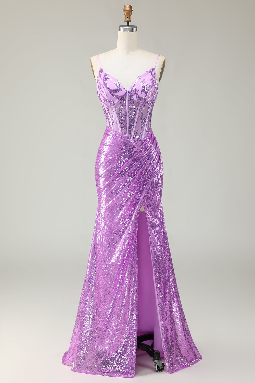 Glitzerndes Meerjungfrau Lila Korsett Appliziertes Ballkleid mit Schlitz