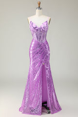 Glitzerndes Meerjungfrau Lila Korsett Appliziertes Ballkleid mit Schlitz