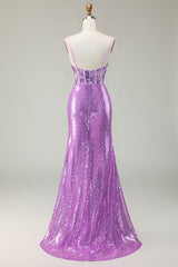 Glitzerndes Meerjungfrau Lila Korsett Appliziertes Ballkleid mit Schlitz