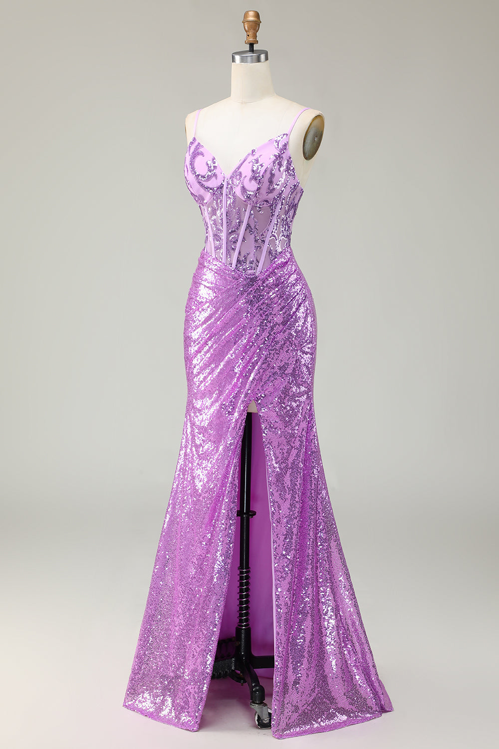 Glitzerndes Meerjungfrau Lila Korsett Appliziertes Ballkleid mit Schlitz