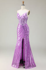 Glitzerndes Meerjungfrau Lila Korsett Appliziertes Ballkleid mit Schlitz
